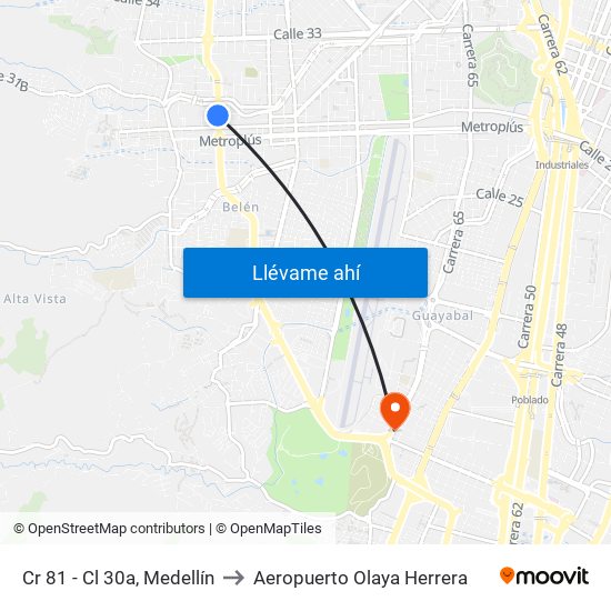 Cr 81 - Cl 30a, Medellín to Aeropuerto Olaya Herrera map