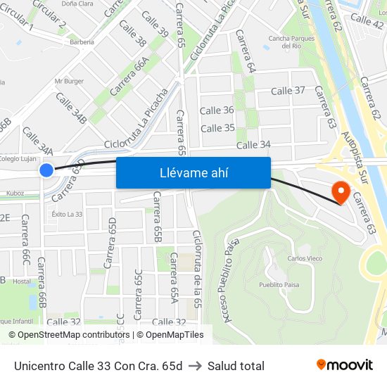 Unicentro Calle 33 Con Cra. 65d to Salud total map