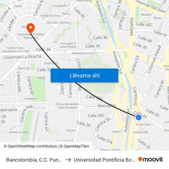 Bancolombia, C.C. Punto Clave to Universidad Pontificia Bolivariana map