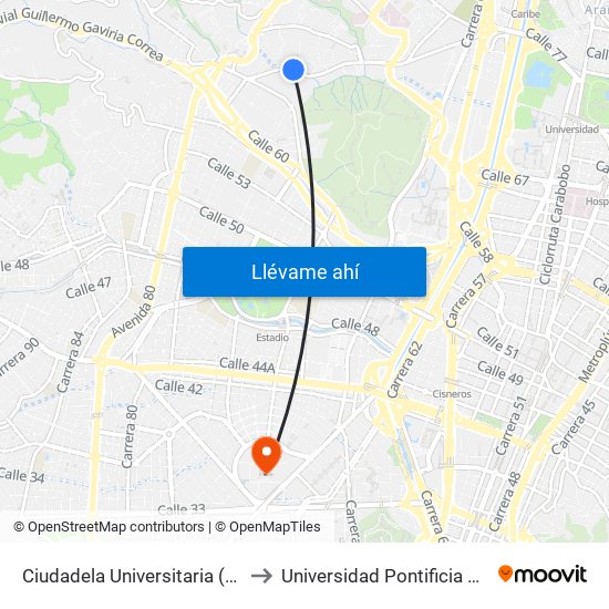 Ciudadela Universitaria (Metroplús) to Universidad Pontificia Bolivariana map