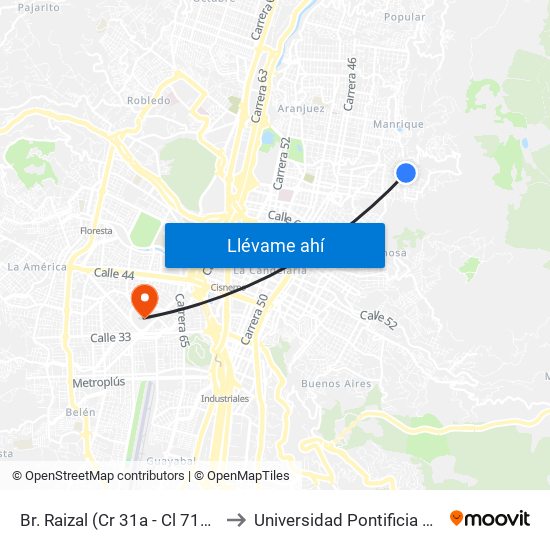 Br. Raizal (Cr 31a - Cl 71a, Medellín) to Universidad Pontificia Bolivariana map