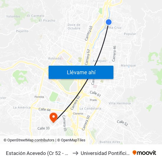 Estación Acevedo (Cr 52 - Cl 108, Medellín) to Universidad Pontificia Bolivariana map