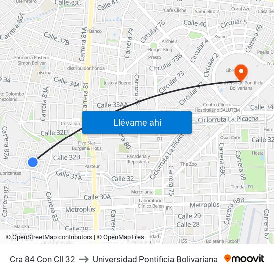 Cra 84 Con Cll 32 to Universidad Pontificia Bolivariana map
