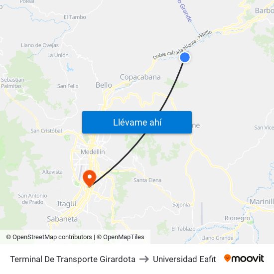 Terminal De Transporte Girardota to Universidad Eafit map