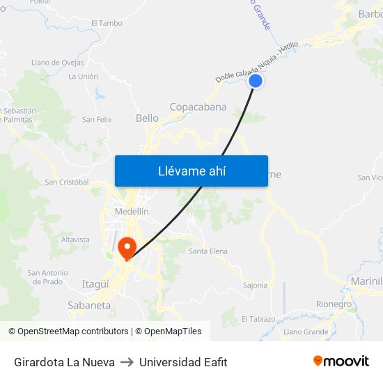 Girardota La Nueva to Universidad Eafit map