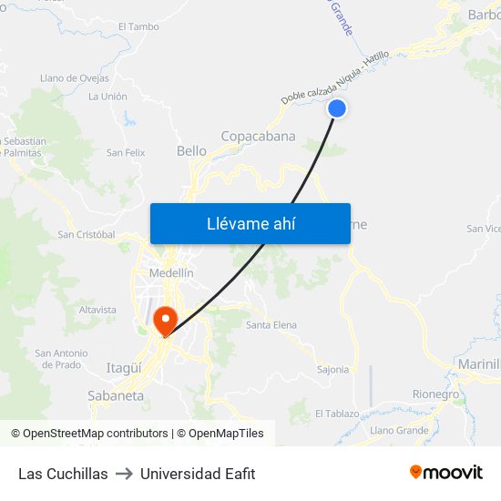 Las Cuchillas to Universidad Eafit map
