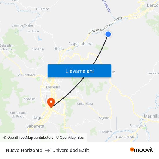 Nuevo Horizonte to Universidad Eafit map