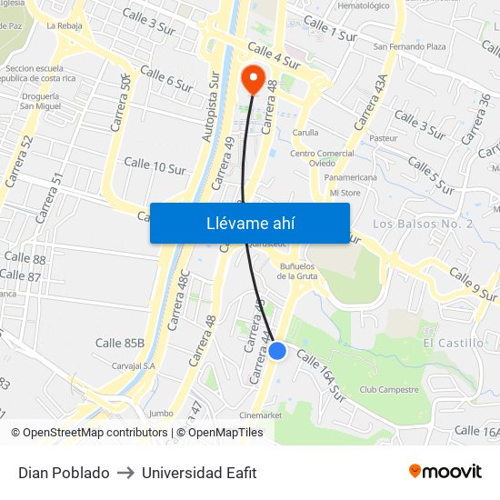 Dian Poblado to Universidad Eafit map