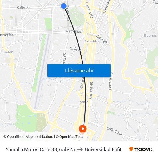 Yamaha Motos Calle 33, 65b-25 to Universidad Eafit map