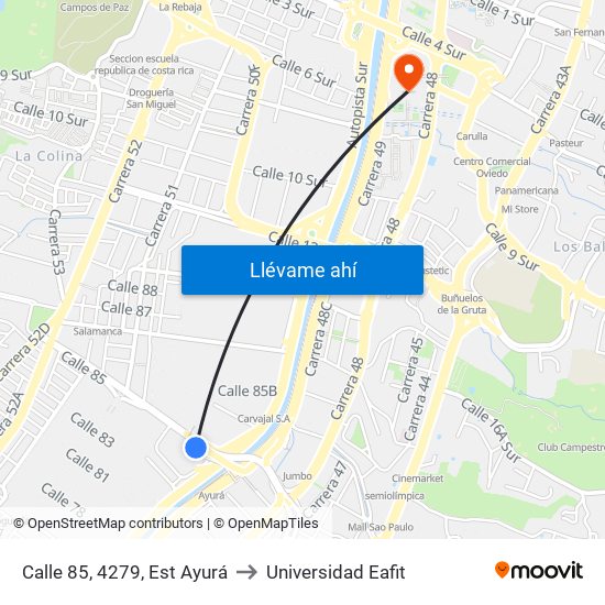 Calle 85, 4279, Est Ayurá to Universidad Eafit map