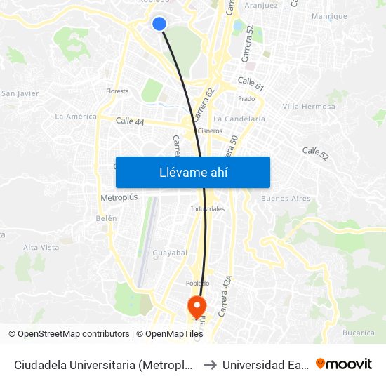Ciudadela Universitaria (Metroplús) to Universidad Eafit map
