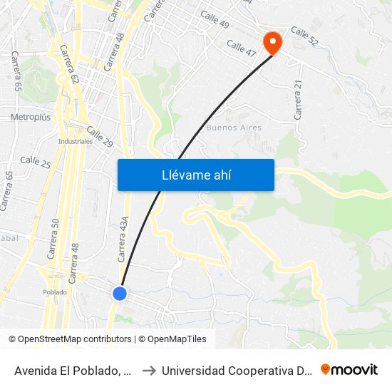 Avenida El Poblado, 102-1074 to Universidad Cooperativa De Colombia map