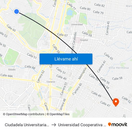 Ciudadela Universitaria (Metroplús) to Universidad Cooperativa De Colombia map