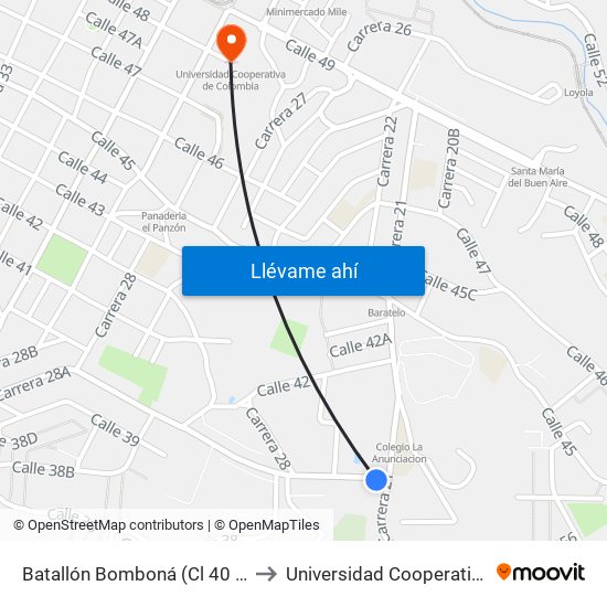 Batallón Bomboná (Cl 40 - Cr 21, Medellín) to Universidad Cooperativa De Colombia map