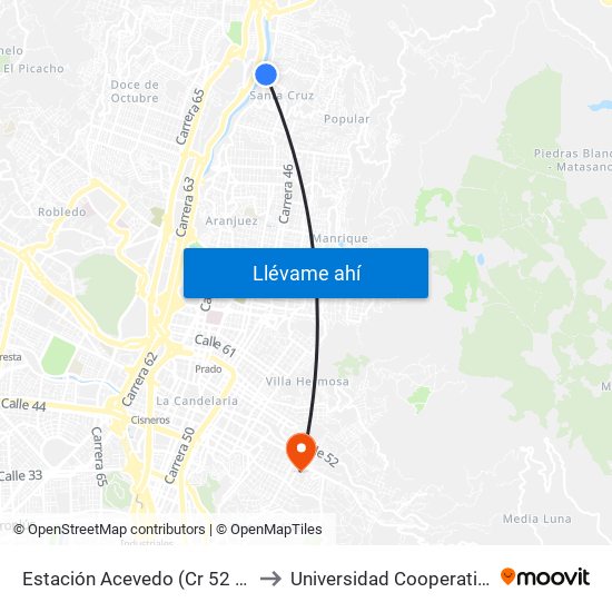 Estación Acevedo (Cr 52 - Cl 108, Medellín) to Universidad Cooperativa De Colombia map