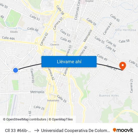 Cll 33 #66b-90 to Universidad Cooperativa De Colombia map