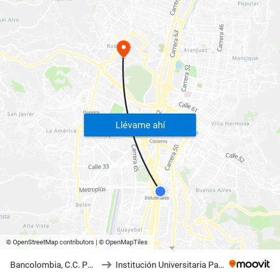 Bancolombia, C.C. Punto Clave to Institución Universitaria Pascual Bravo map