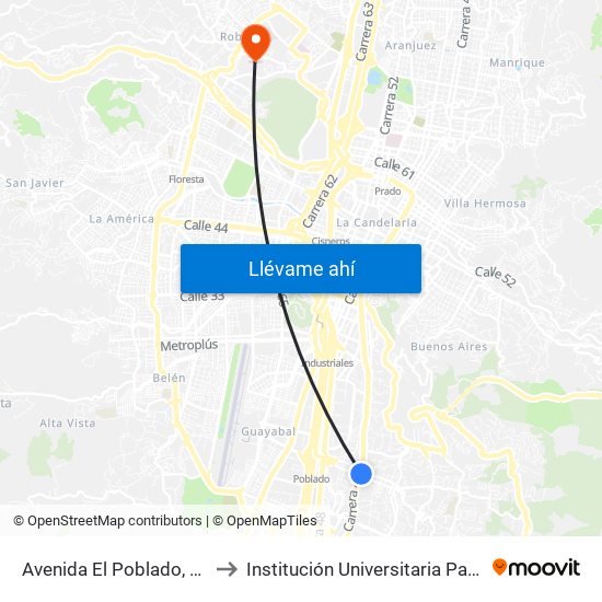 Avenida El Poblado, 102-1074 to Institución Universitaria Pascual Bravo map