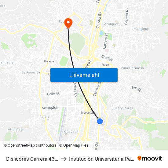 Dislicores Carrera 43a, 25a-34 to Institución Universitaria Pascual Bravo map