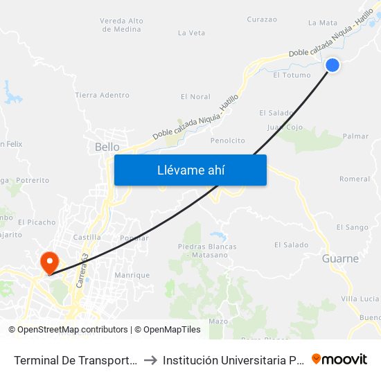 Terminal De Transporte Girardota to Institución Universitaria Pascual Bravo map