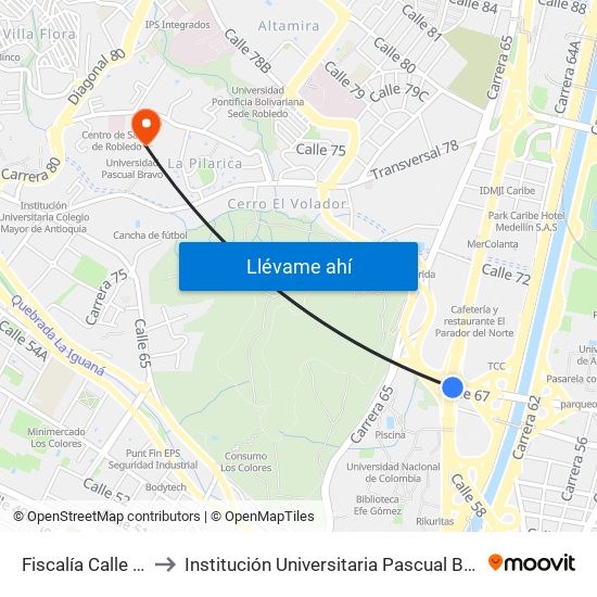 Fiscalía Calle 67 to Institución Universitaria Pascual Bravo map