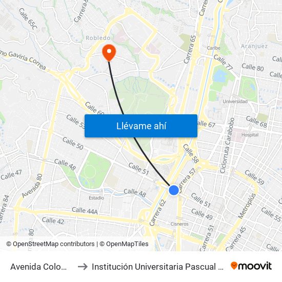 Avenida Colombia to Institución Universitaria Pascual Bravo map