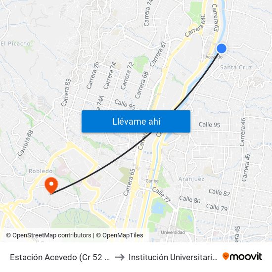 Estación Acevedo (Cr 52 - Cl 108, Medellín) to Institución Universitaria Pascual Bravo map