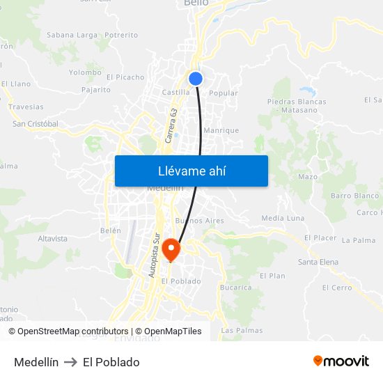 Medellín to El Poblado map