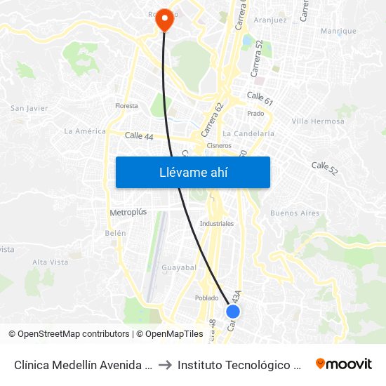 Clínica Medellín Avenida El Poblado, 5a1-5a233 to Instituto Tecnológico Metropolitano Robledo map