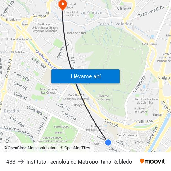 433 to Instituto Tecnológico Metropolitano Robledo map