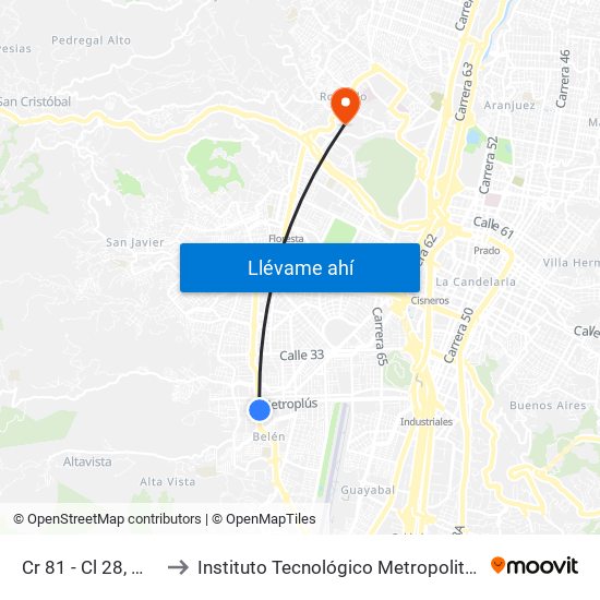 Cr 81 - Cl 28, Medellín to Instituto Tecnológico Metropolitano Robledo map