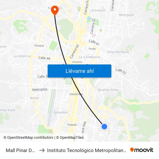 Mall Pinar Del Rio to Instituto Tecnológico Metropolitano Robledo map