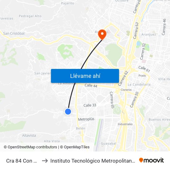Cra 84 Con Cll 32 to Instituto Tecnológico Metropolitano Robledo map