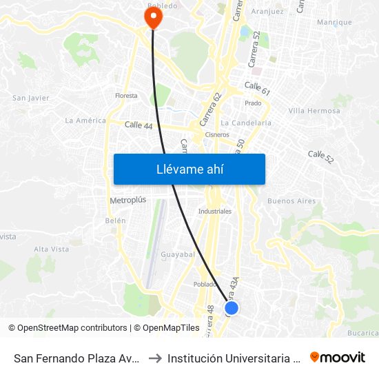 San Fernando Plaza Avenida El Poblado, 18-1162 to Institución Universitaria Colegio Mayor De Antioquia map