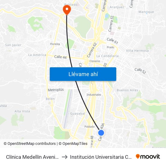 Clínica Medellín Avenida El Poblado, 72-754 to Institución Universitaria Colegio Mayor De Antioquia map