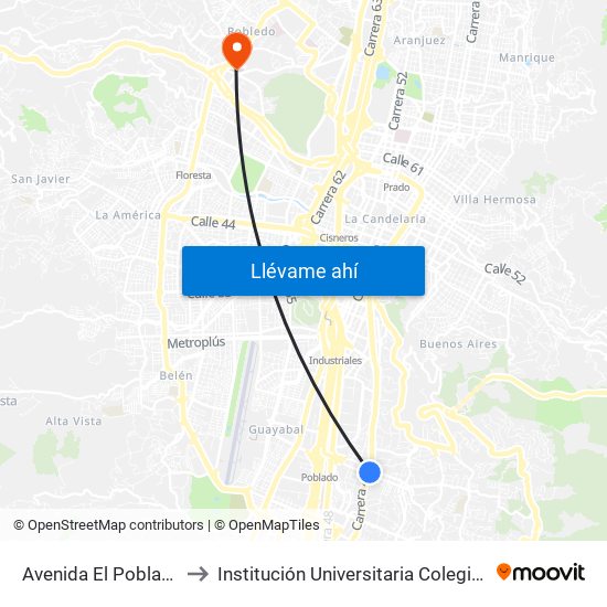 Avenida El Poblado, 102-1074 to Institución Universitaria Colegio Mayor De Antioquia map