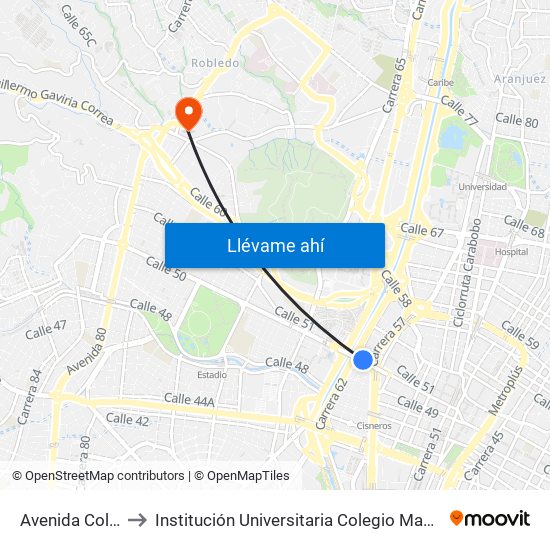 Avenida Colombia to Institución Universitaria Colegio Mayor De Antioquia map