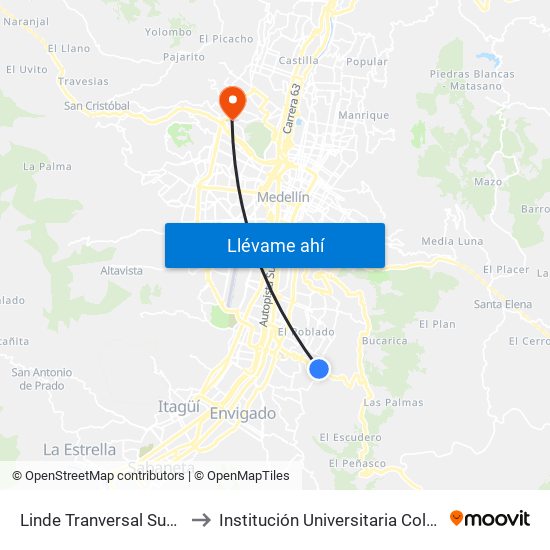 Linde Tranversal Superior - Los Balsos to Institución Universitaria Colegio Mayor De Antioquia map