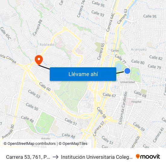 Carrera 53, 761, Parque Explora to Institución Universitaria Colegio Mayor De Antioquia map