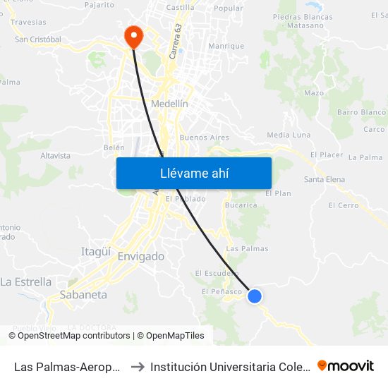 Las Palmas-Aeropuerto-Mall Indiala to Institución Universitaria Colegio Mayor De Antioquia map