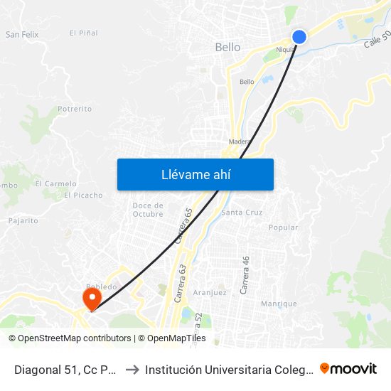 Diagonal 51, Cc Puerta Del Norte to Institución Universitaria Colegio Mayor De Antioquia map