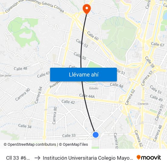Cll 33 #66b-90 to Institución Universitaria Colegio Mayor De Antioquia map