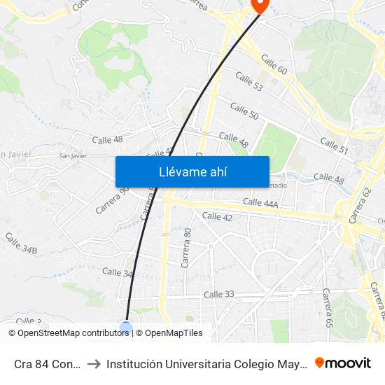 Cra 84 Con Cll 32 to Institución Universitaria Colegio Mayor De Antioquia map