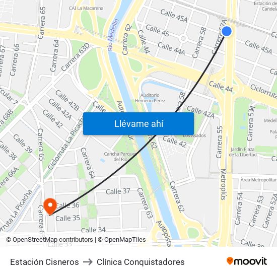 Estación Cisneros to Clínica Conquistadores map