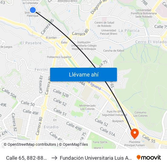 Calle 65, 882-88106 to Fundación Universitaria Luis Amigó map