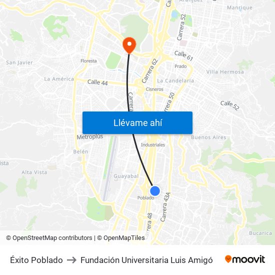 Éxito Poblado to Fundación Universitaria Luis Amigó map