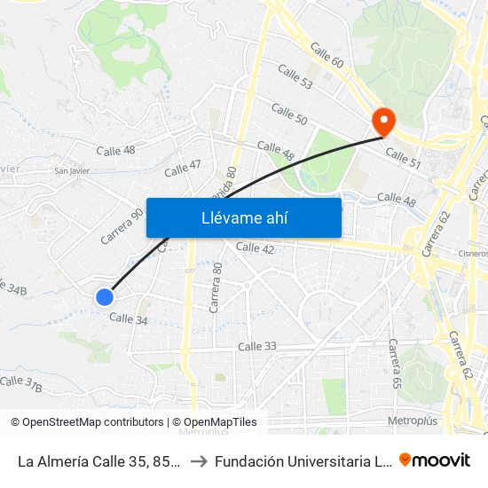 La Almería Calle 35, 85d2-85d66 to Fundación Universitaria Luis Amigó map