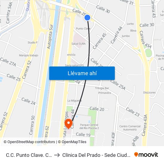 C.C. Punto Clave. Calle 29 to Clínica Del Prado - Sede Ciudad Del Río map