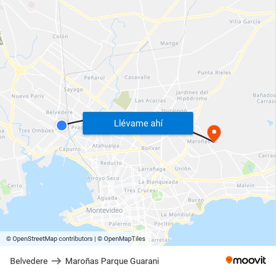 Belvedere to Maroñas Parque Guarani map
