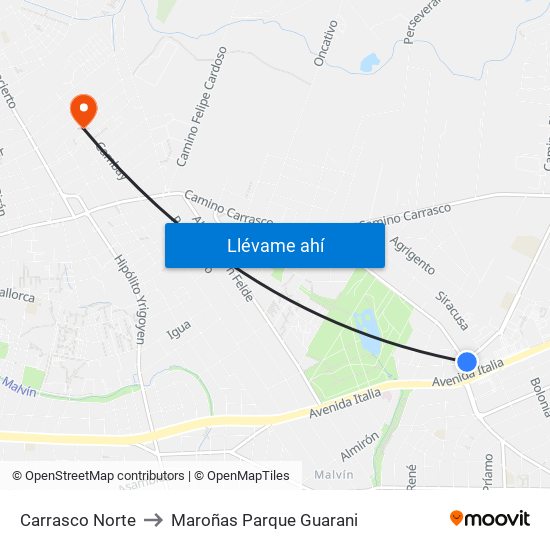 Carrasco Norte to Maroñas Parque Guarani map